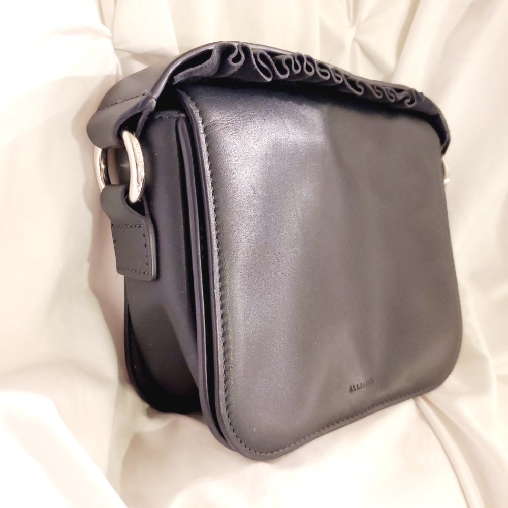 ALL SAINTS *Maya Clutch Handbag w/ Foldover Flap Closure Navy Blue Leather
